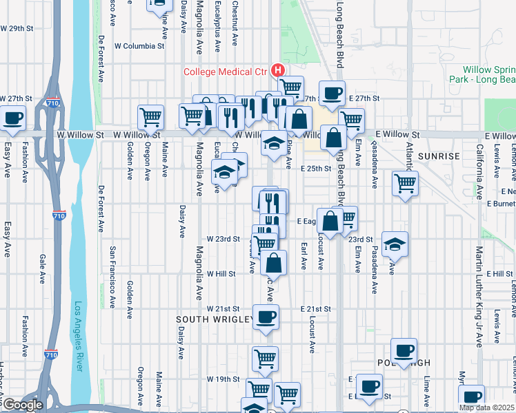 map of restaurants, bars, coffee shops, grocery stores, and more near 2390 Cedar Avenue in Long Beach