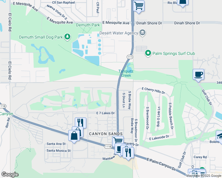 map of restaurants, bars, coffee shops, grocery stores, and more near 326 Desert Lakes Drive in Palm Springs