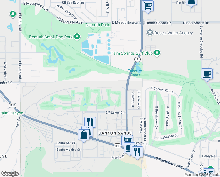 map of restaurants, bars, coffee shops, grocery stores, and more near 160 Desert Lakes Drive in Palm Springs
