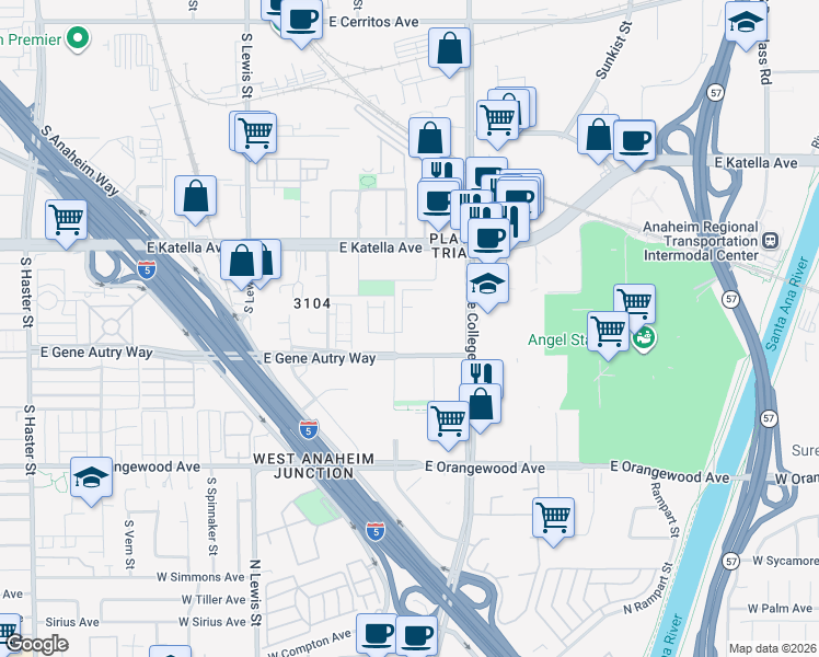 map of restaurants, bars, coffee shops, grocery stores, and more near 1884 Union Street in Anaheim