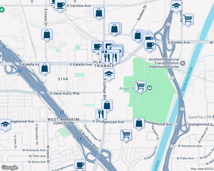 map of restaurants, bars, coffee shops, grocery stores, and more near 1900 South State College Boulevard in Anaheim