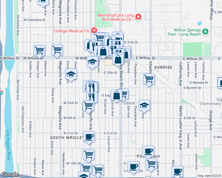 map of restaurants, bars, coffee shops, grocery stores, and more near 215 East Burnett Street in Long Beach