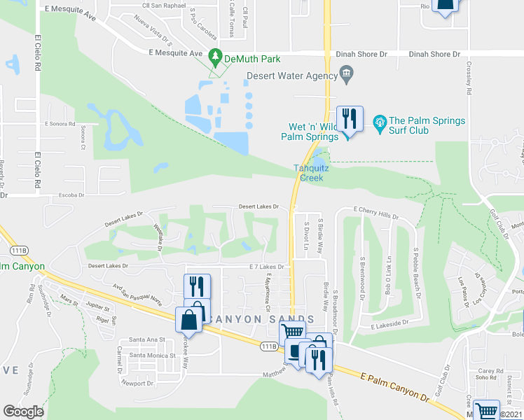 map of restaurants, bars, coffee shops, grocery stores, and more near 340 Desert Lakes Drive in Palm Springs