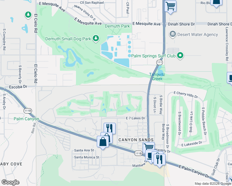map of restaurants, bars, coffee shops, grocery stores, and more near 170 Desert Lakes Drive in Palm Springs