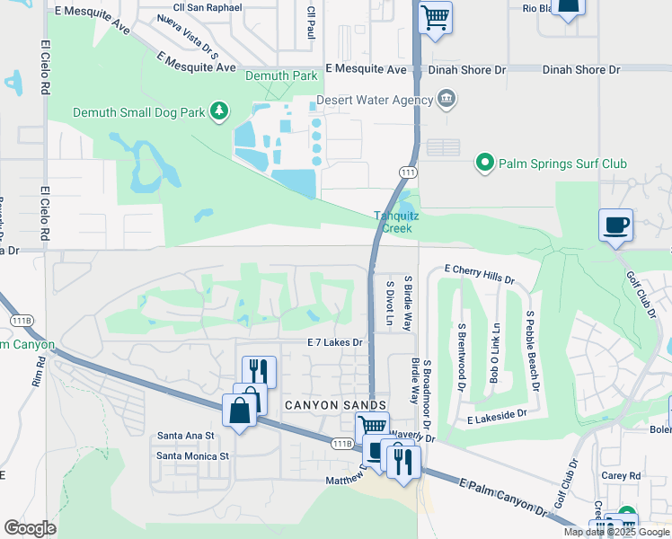 map of restaurants, bars, coffee shops, grocery stores, and more near 338 Desert Lakes Drive in Palm Springs
