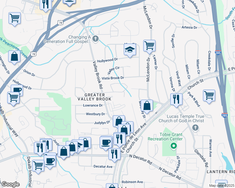 map of restaurants, bars, coffee shops, grocery stores, and more near 421 Valleybrook Crossing in Decatur