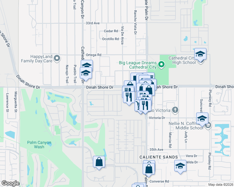 map of restaurants, bars, coffee shops, grocery stores, and more near 244 Settles Drive in Cathedral City