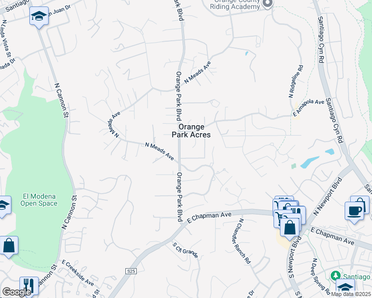 map of restaurants, bars, coffee shops, grocery stores, and more near 752 North Rodeo Circle in Orange
