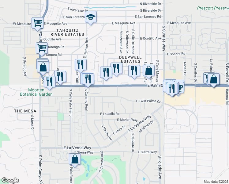 map of restaurants, bars, coffee shops, grocery stores, and more near 1111 East Palm Canyon Drive in Palm Springs