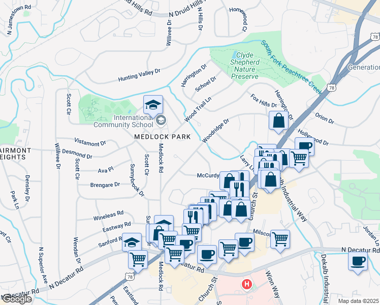 map of restaurants, bars, coffee shops, grocery stores, and more near 2454 Woodridge Drive in Decatur