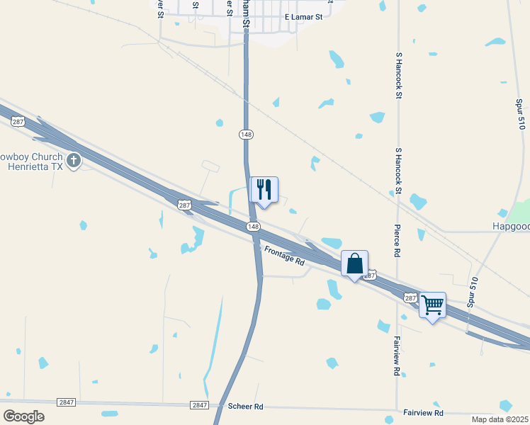 map of restaurants, bars, coffee shops, grocery stores, and more near 237 Frontage Road in Henrietta