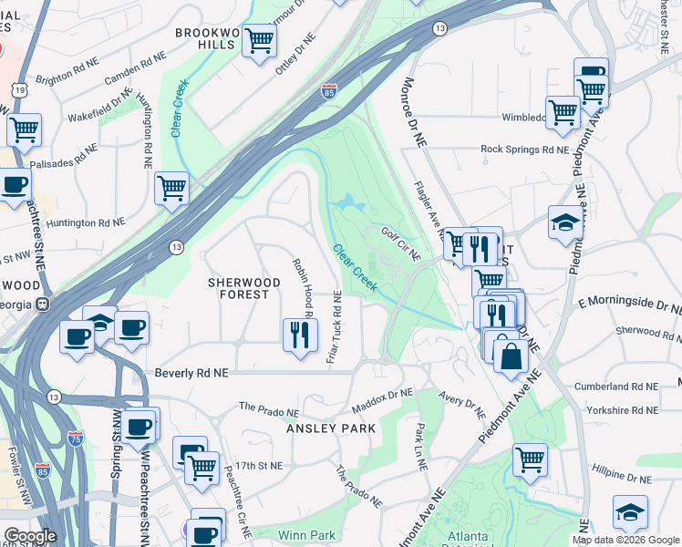 map of restaurants, bars, coffee shops, grocery stores, and more near 1681 Friar Tuck Road Northeast in Atlanta