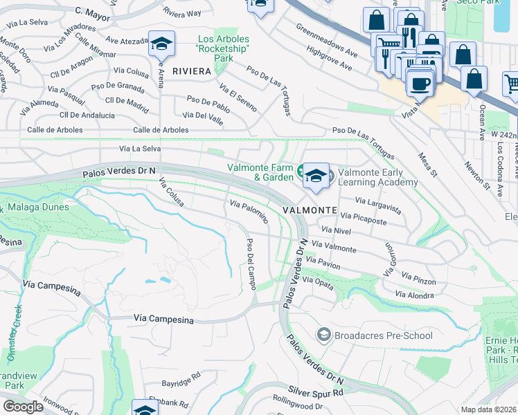 map of restaurants, bars, coffee shops, grocery stores, and more near 3644 Palos Verdes Drive North in Palos Verdes Estates