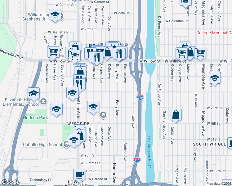 map of restaurants, bars, coffee shops, grocery stores, and more near 1375 West Burnett Street in Long Beach