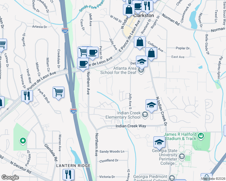 map of restaurants, bars, coffee shops, grocery stores, and more near 882 Glynn Oaks Drive in Clarkston