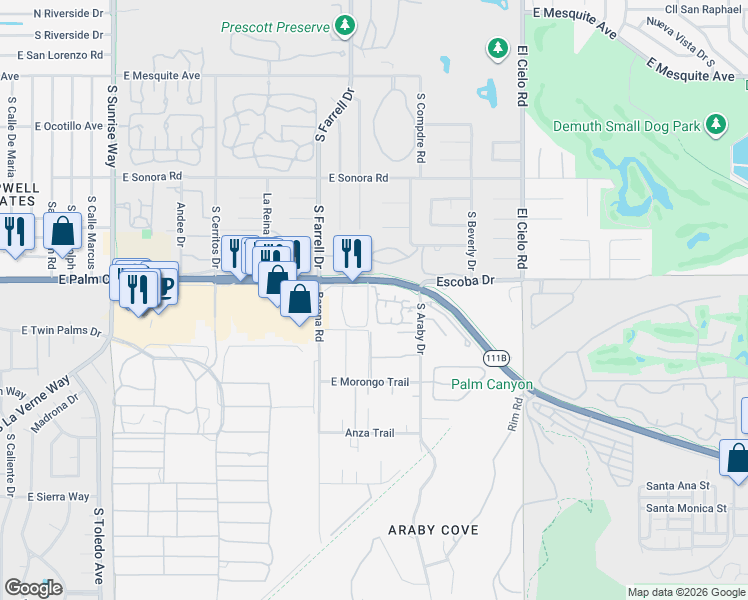 map of restaurants, bars, coffee shops, grocery stores, and more near 1757 Pintura Circle West in Palm Springs