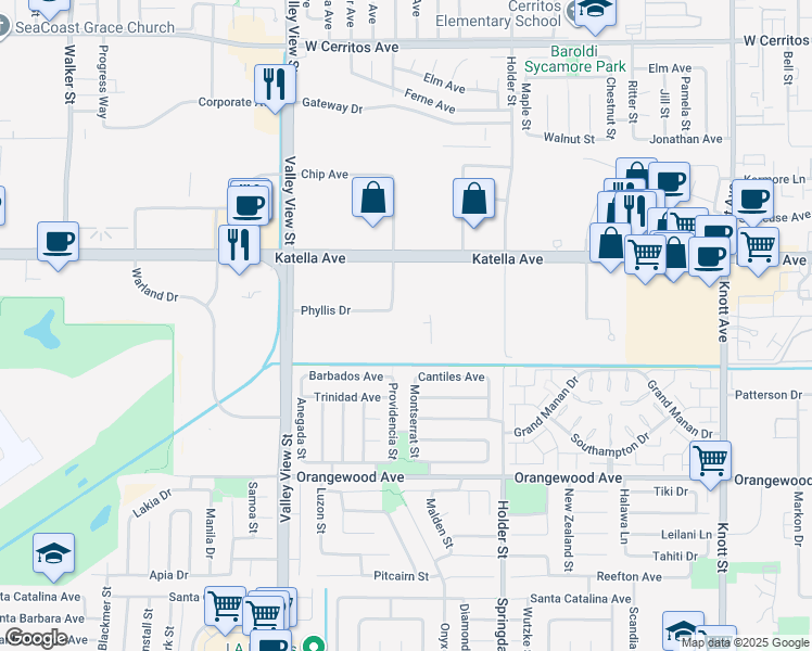 map of restaurants, bars, coffee shops, grocery stores, and more near 11150 Hope Street in Cypress