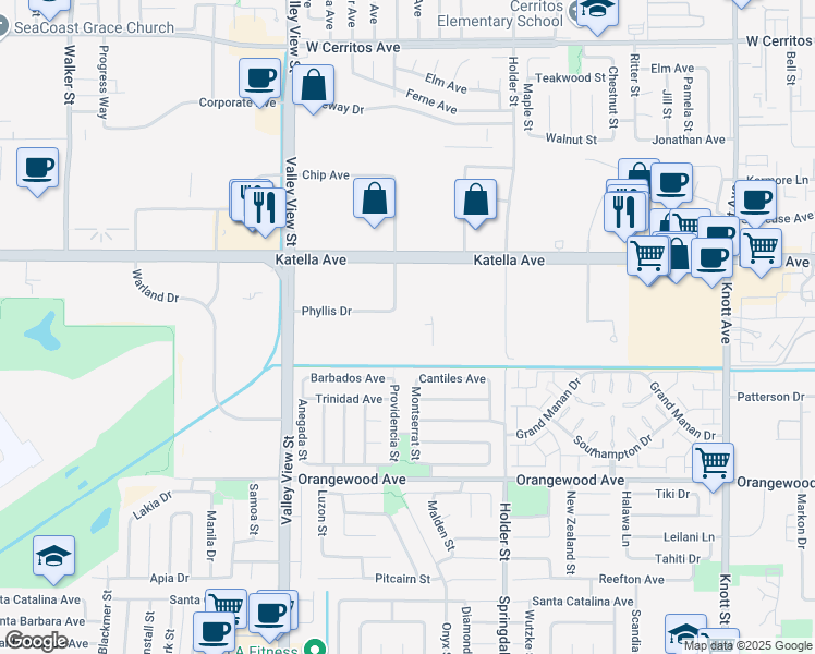 map of restaurants, bars, coffee shops, grocery stores, and more near 11150 Hope Street in Cypress