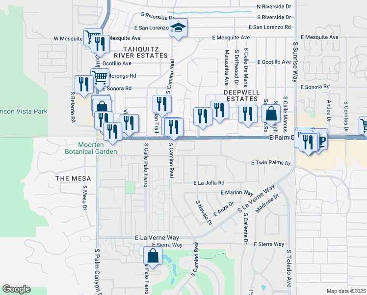 map of restaurants, bars, coffee shops, grocery stores, and more near 906 Oceo Circle South in Palm Springs
