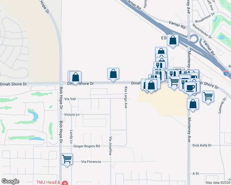 map of restaurants, bars, coffee shops, grocery stores, and more near 109 Clearwater Way in Rancho Mirage