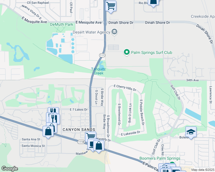 map of restaurants, bars, coffee shops, grocery stores, and more near 4950 East Cherry Hills Drive in Palm Springs