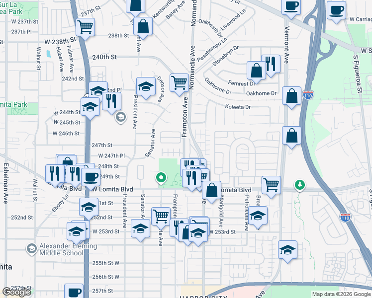 map of restaurants, bars, coffee shops, grocery stores, and more near 24618 Frampton Avenue in West Carson