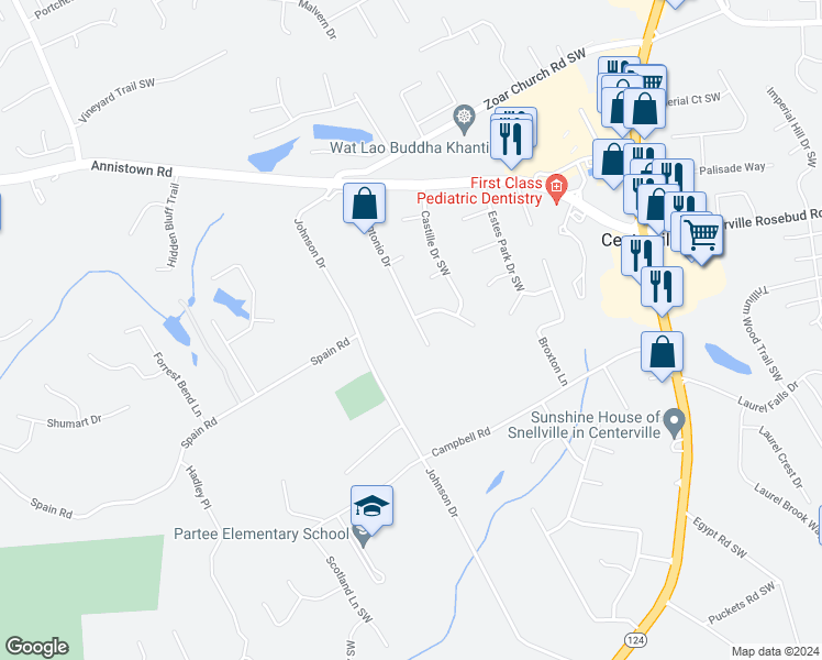 map of restaurants, bars, coffee shops, grocery stores, and more near 3451 San Antonio Drive in Snellville