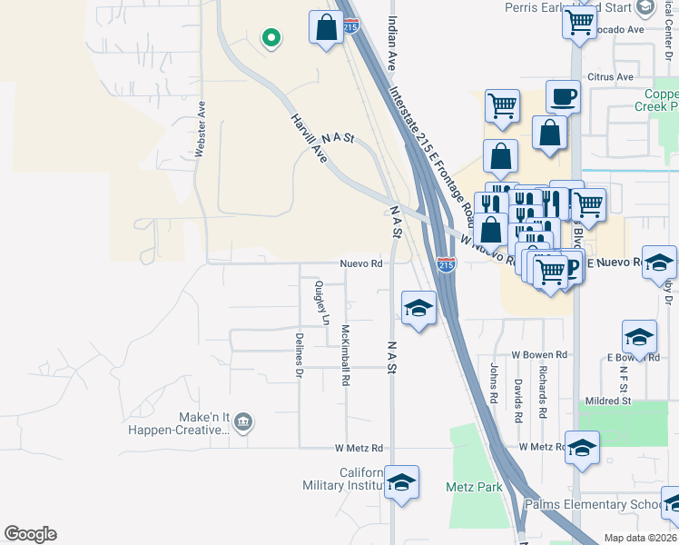 map of restaurants, bars, coffee shops, grocery stores, and more near 1562 McKimball Road in Perris