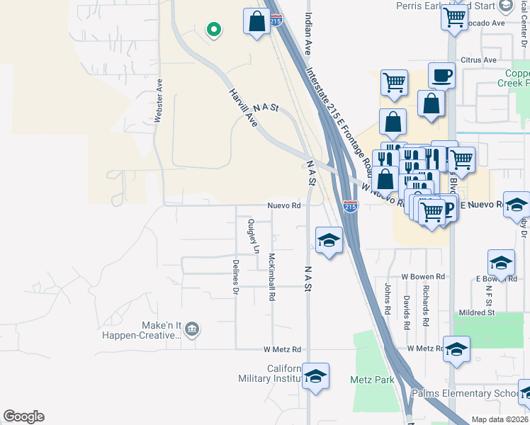 map of restaurants, bars, coffee shops, grocery stores, and more near 1593 McKimball Road in Perris