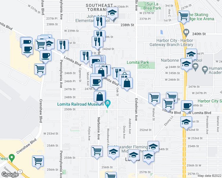 map of restaurants, bars, coffee shops, grocery stores, and more near 2127 247th Street in Lomita