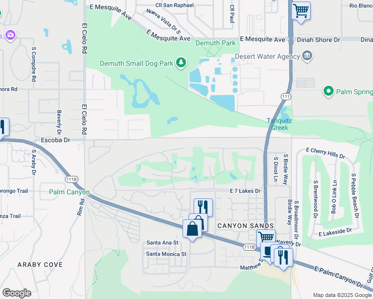 map of restaurants, bars, coffee shops, grocery stores, and more near 215 Desert Lakes Drive in Palm Springs
