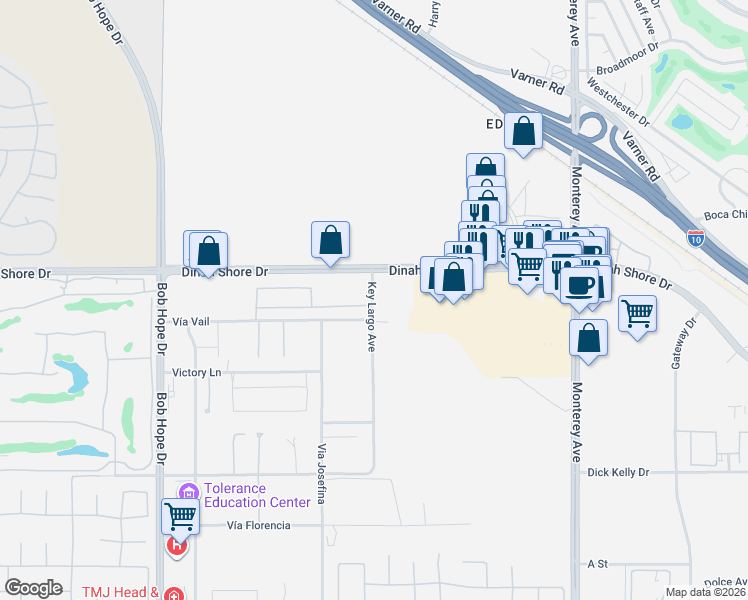 map of restaurants, bars, coffee shops, grocery stores, and more near Arbol Real Avenue in Thousand Palms