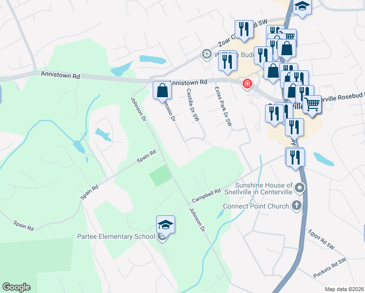 map of restaurants, bars, coffee shops, grocery stores, and more near 3451 San Antonio Drive in Snellville