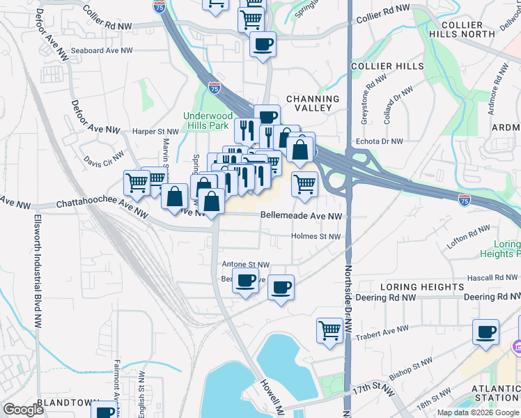 map of restaurants, bars, coffee shops, grocery stores, and more near 1715 Howell Mill Road Northwest in Atlanta
