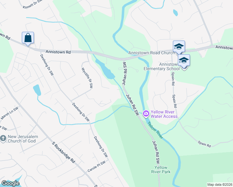 map of restaurants, bars, coffee shops, grocery stores, and more near 3125 Juhan Road Southwest in Stone Mountain