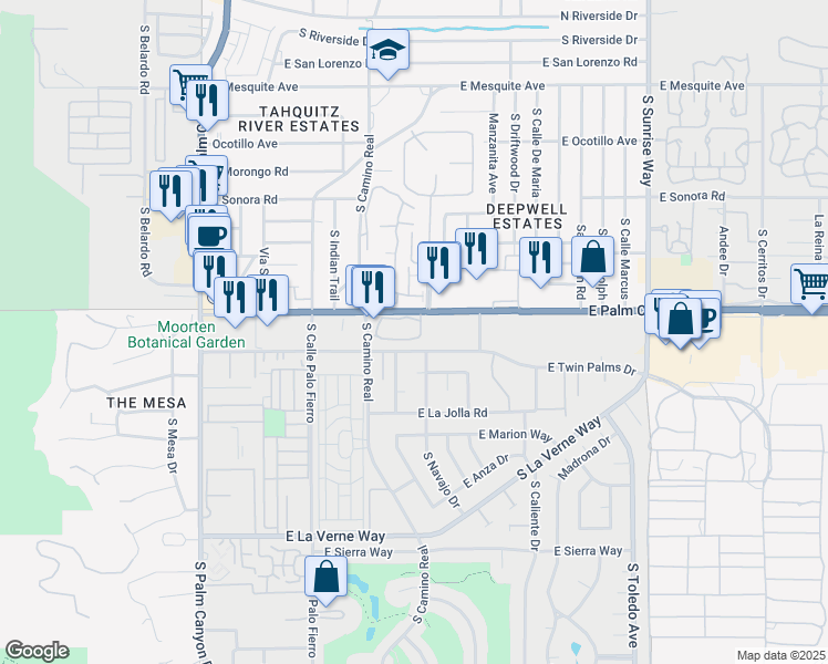 map of restaurants, bars, coffee shops, grocery stores, and more near 962 Oceo Circle South in Palm Springs