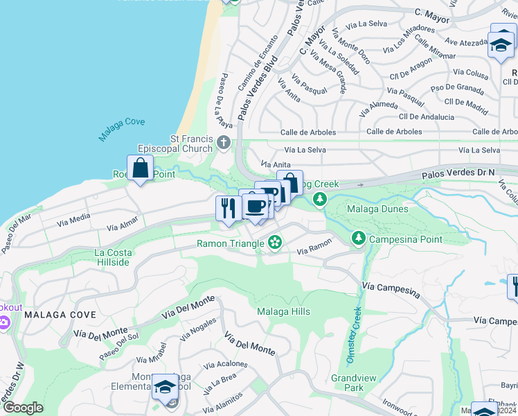 map of restaurants, bars, coffee shops, grocery stores, and more near 239 Palos Verdes Drive West in Palos Verdes Peninsula