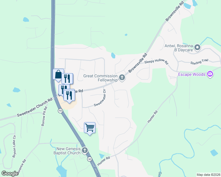 map of restaurants, bars, coffee shops, grocery stores, and more near 42 Breckenridge Drive in Powder Springs