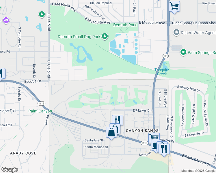 map of restaurants, bars, coffee shops, grocery stores, and more near 215 Desert Lakes Drive in Palm Springs