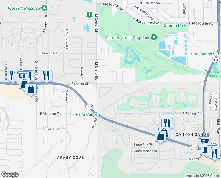 map of restaurants, bars, coffee shops, grocery stores, and more near 3595 Ridgeview Circle South in Palm Springs
