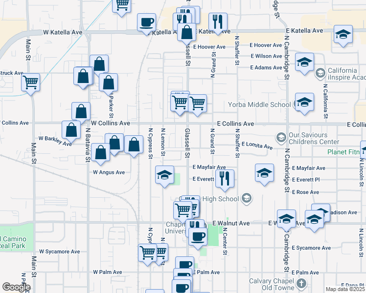 map of restaurants, bars, coffee shops, grocery stores, and more near 828 North Glassell Street in Orange