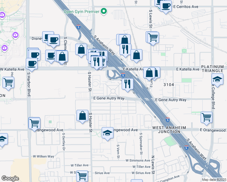 map of restaurants, bars, coffee shops, grocery stores, and more near 86 Via Aloha Drive in Anaheim