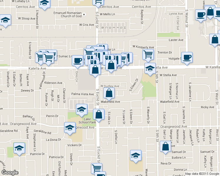 map of restaurants, bars, coffee shops, grocery stores, and more near 1643 West Dudley Avenue in Anaheim