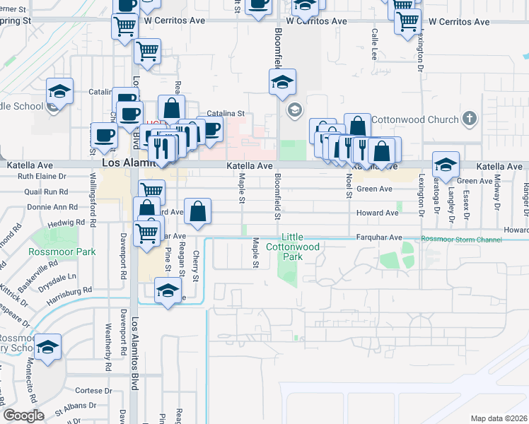 map of restaurants, bars, coffee shops, grocery stores, and more near 3963 Howard Avenue in Los Alamitos