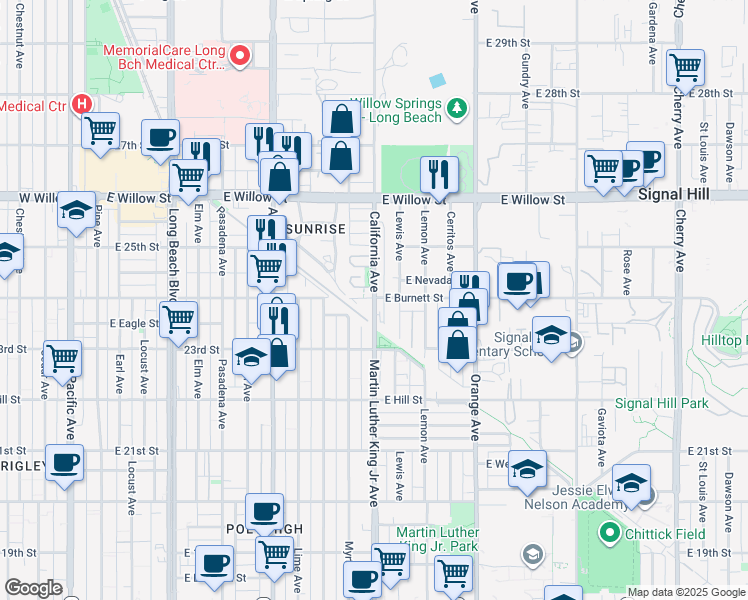 map of restaurants, bars, coffee shops, grocery stores, and more near 1015 East Burnett Street in Signal Hill