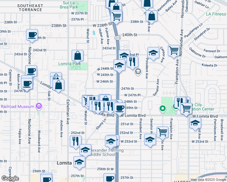 map of restaurants, bars, coffee shops, grocery stores, and more near 24615 South Western Avenue in Lomita
