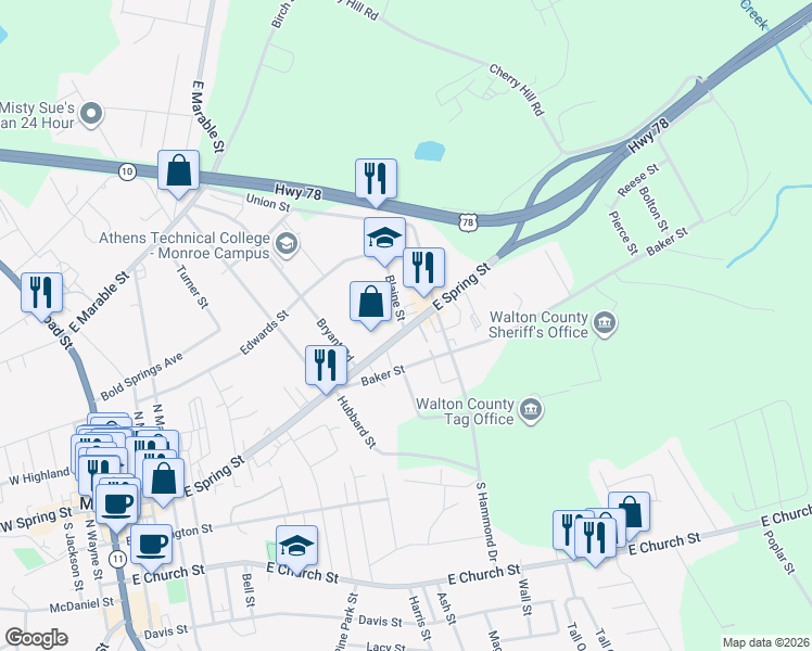 map of restaurants, bars, coffee shops, grocery stores, and more near 901 East Spring Street in Monroe
