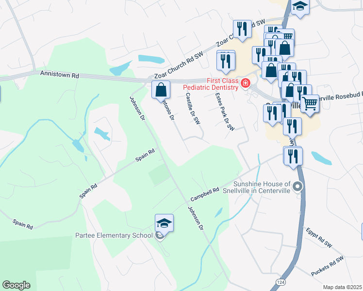 map of restaurants, bars, coffee shops, grocery stores, and more near 3451 San Antonio Drive in Snellville