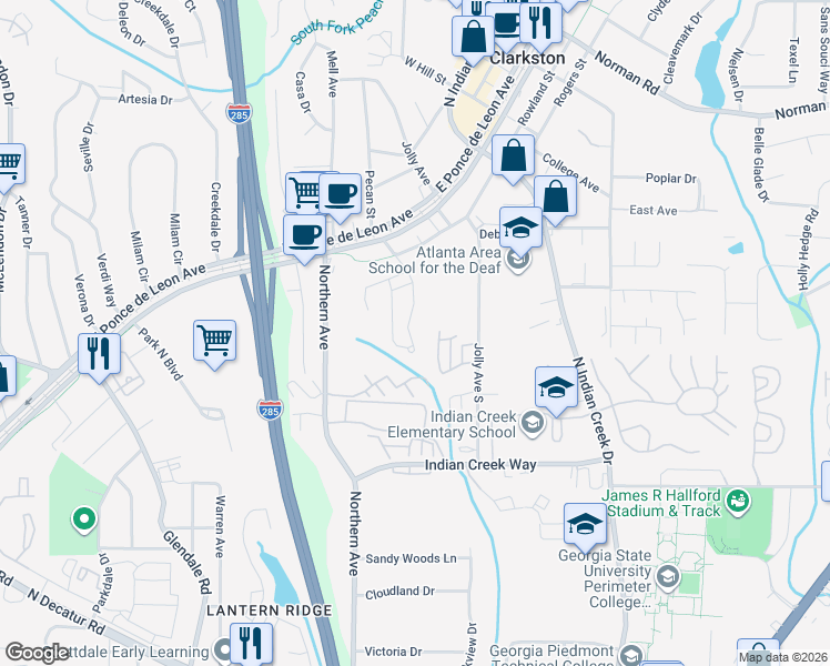 map of restaurants, bars, coffee shops, grocery stores, and more near 882 Glynn Oaks Drive in Clarkston
