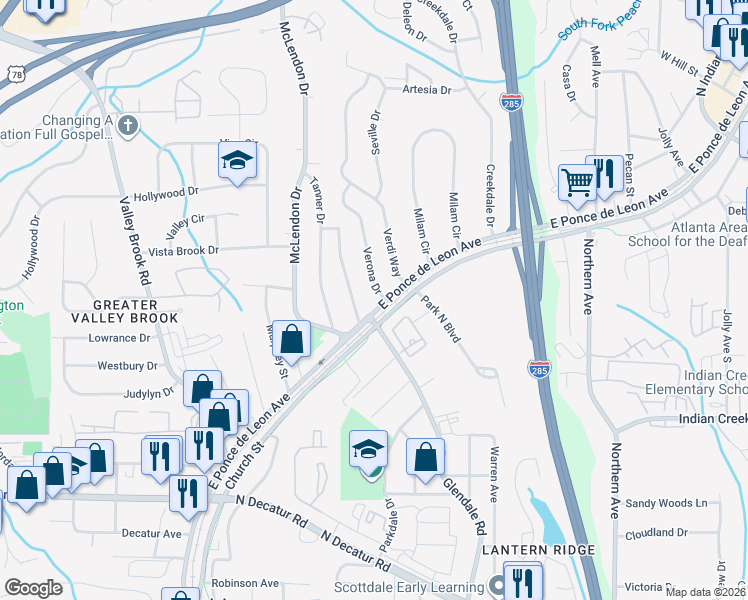map of restaurants, bars, coffee shops, grocery stores, and more near 782 Verona Drive in Clarkston